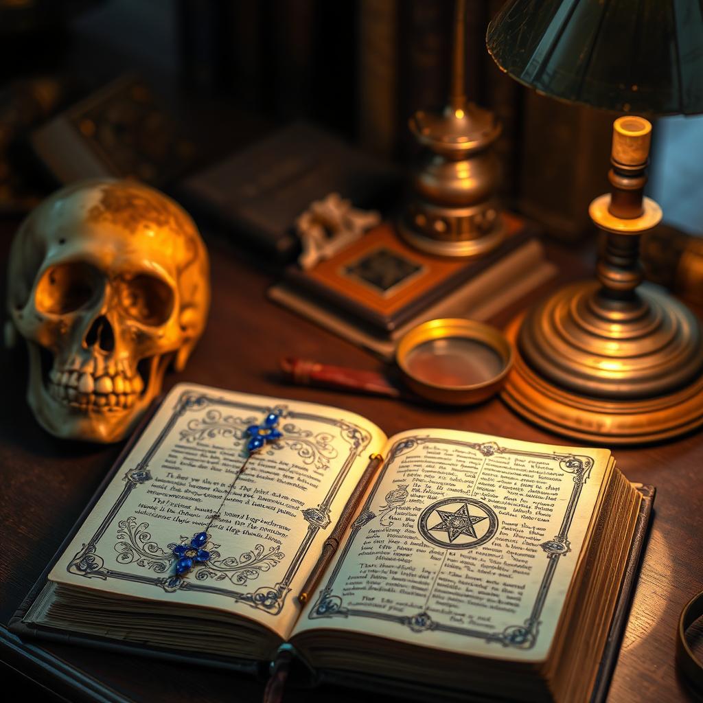 A precious and mysterious book with a cover featuring ivory and lapis lazuli accents, resting on a desk