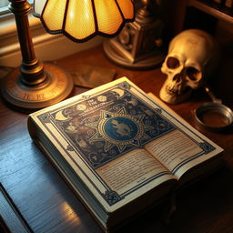 A precious and mysterious book with a cover featuring ivory and lapis lazuli accents, resting on a desk