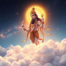 Lord Vishnu depicted as a majestic figure hovering above the clouds, looking down upon the world with a concerned expression