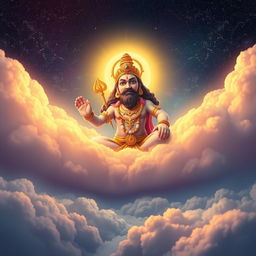 Lord Vishnu depicted as a majestic figure hovering above the clouds, looking down upon the world with a concerned expression