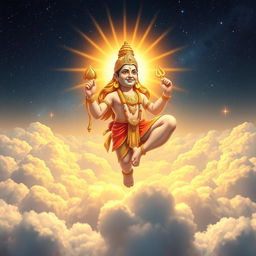 Lord Vishnu depicted as a majestic figure hovering above the clouds, looking down upon the world with a concerned expression