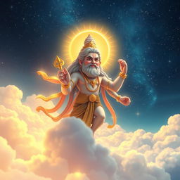 Lord Vishnu depicted as a majestic figure hovering above the clouds, looking down upon the world with a concerned expression