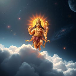 Lord Vishnu depicted as a magnificent figure hovering above the clouds, gazing down upon the world with a concerned expression