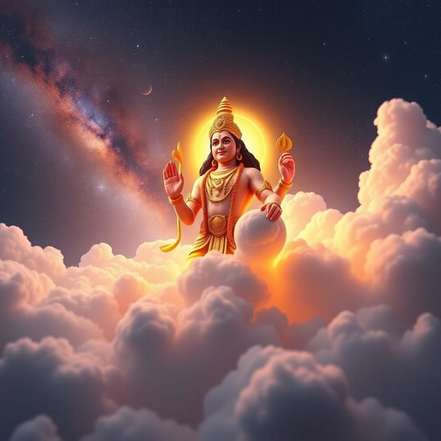 Lord Vishnu depicted as a magnificent figure hovering above the clouds, gazing down upon the world with a concerned expression