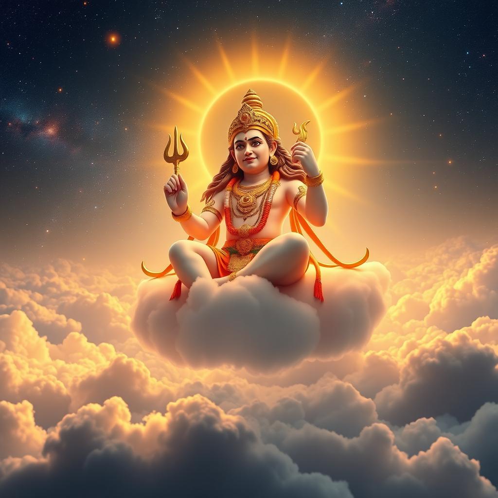 Lord Vishnu depicted as a magnificent figure hovering above the clouds, gazing down upon the world with a concerned expression