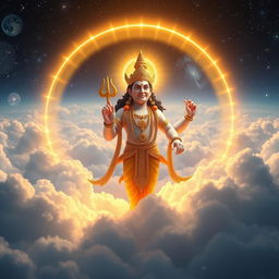 Lord Vishnu depicted as a magnificent figure hovering above the clouds, gazing down upon the world with a concerned expression
