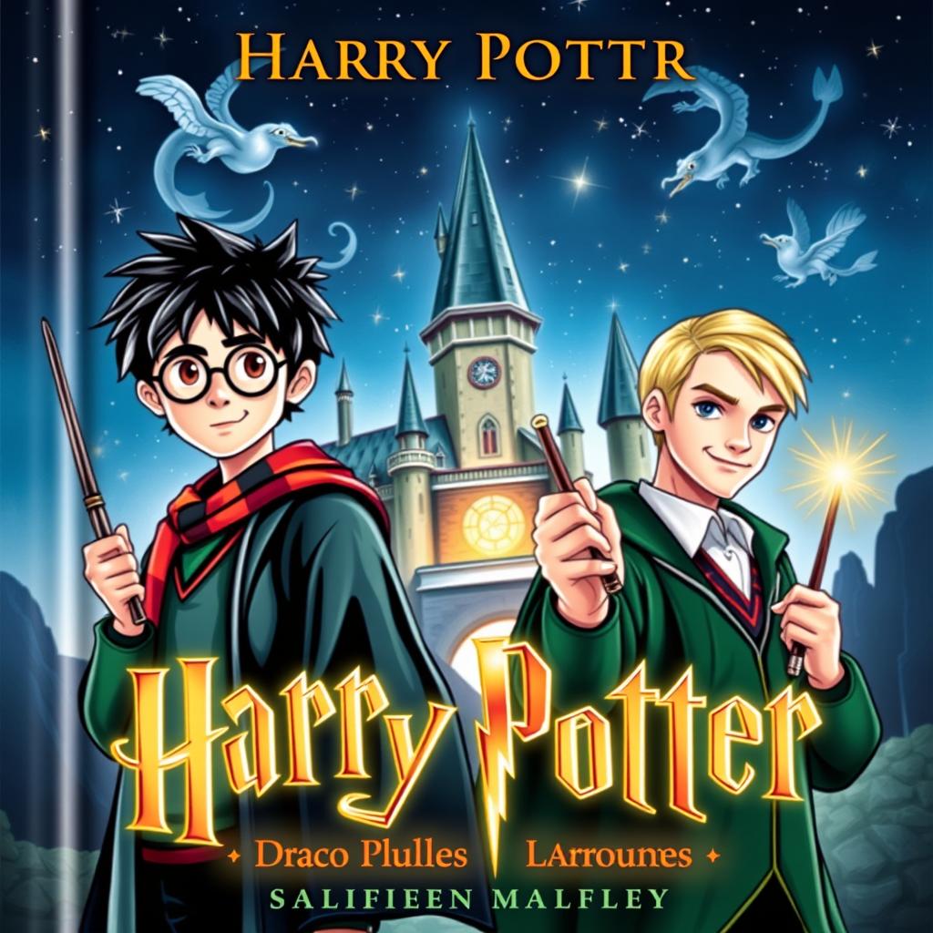 A captivating book cover for a Harry Potter-themed story featuring Harry Potter and Draco Malfoy