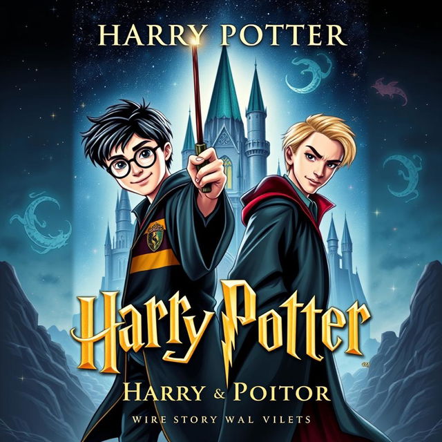 A captivating book cover for a Harry Potter-themed story featuring Harry Potter and Draco Malfoy