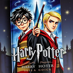 A captivating book cover for a Harry Potter-themed story featuring Harry Potter and Draco Malfoy