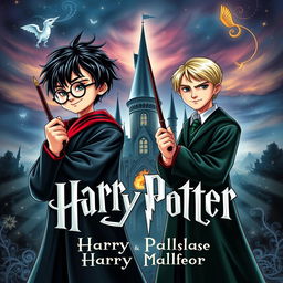 A captivating book cover for a Harry Potter-themed story featuring Harry Potter and Draco Malfoy, where Draco is depicted as shorter than Harry