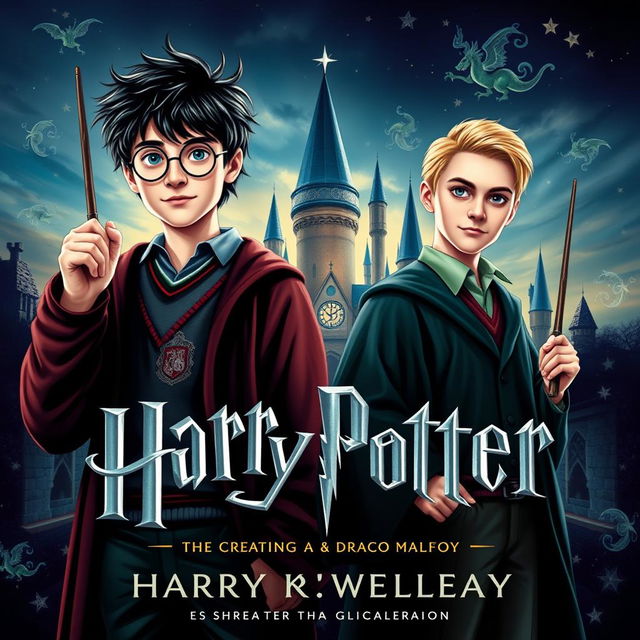 A captivating book cover for a Harry Potter-themed story featuring Harry Potter and Draco Malfoy, where Draco is depicted as shorter than Harry