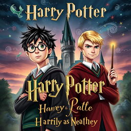 A captivating book cover for a Harry Potter-themed story featuring Harry Potter and Draco Malfoy, where Draco is depicted as shorter than Harry