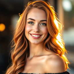 A close-up portrait of a stunning, confident woman with long wavy auburn hair, wearing a trendy off-the-shoulder black top, with a glowing natural makeup look