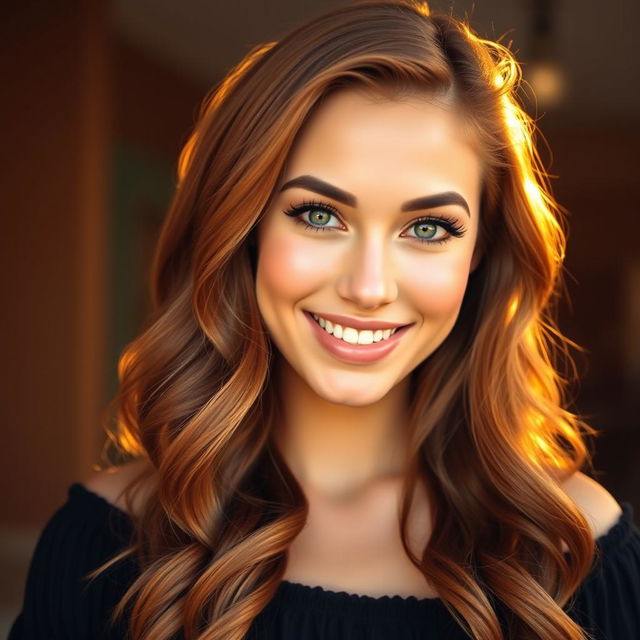 A close-up portrait of a stunning, confident woman with long wavy auburn hair, wearing a trendy off-the-shoulder black top, with a glowing natural makeup look