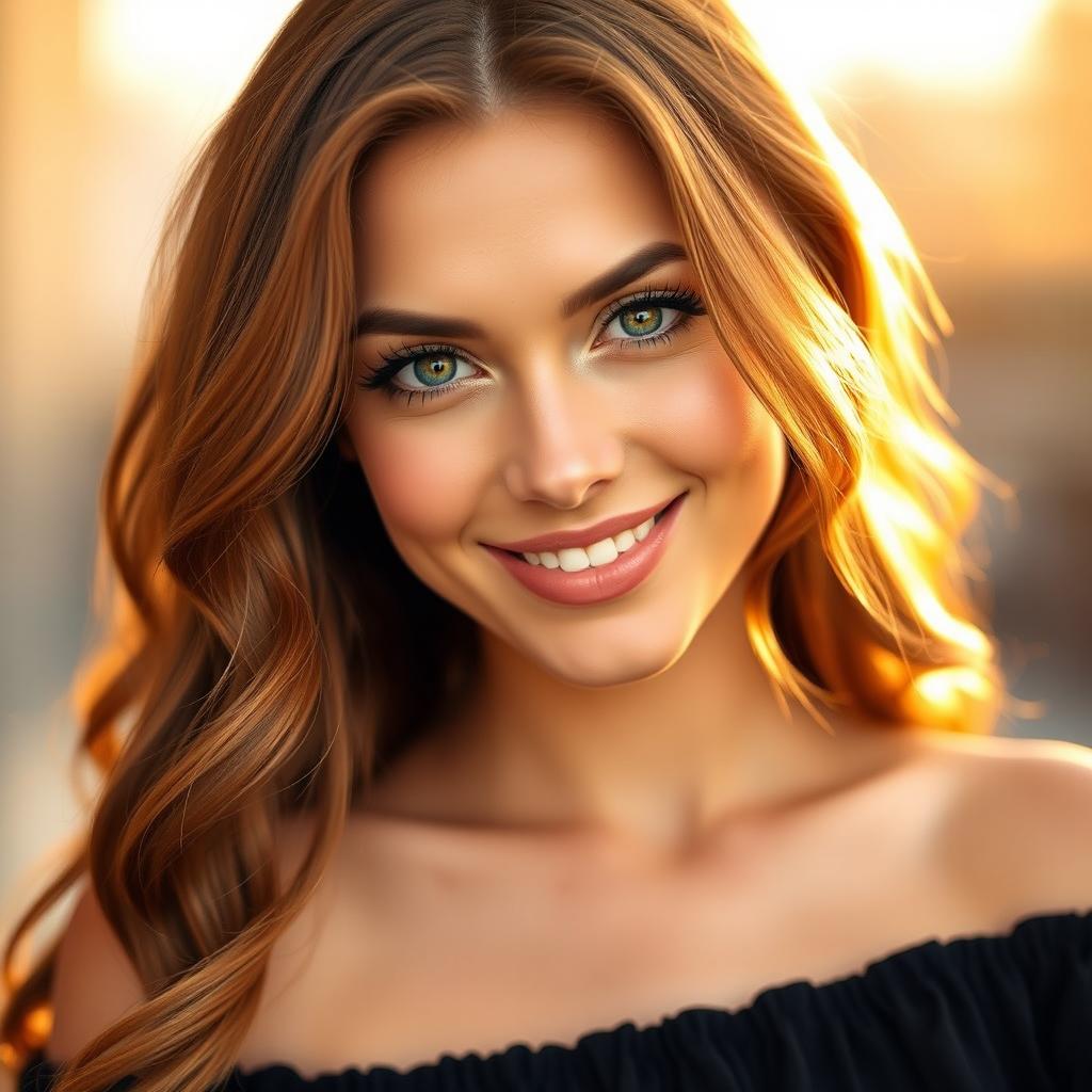 A close-up portrait of a stunning, confident woman with long wavy auburn hair, wearing a trendy off-the-shoulder black top, with a glowing natural makeup look