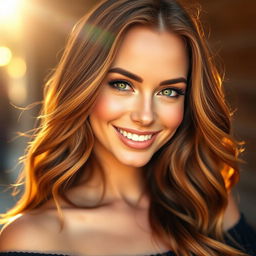 A close-up portrait of a stunning, confident woman with long wavy auburn hair, wearing a trendy off-the-shoulder black top, with a glowing natural makeup look
