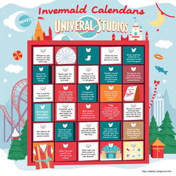 An aesthetically pleasing Instagram post featuring an advent calendar design themed around Universal Studios Theme Park