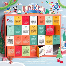 An aesthetically pleasing Instagram post featuring an advent calendar design themed around Universal Studios Theme Park