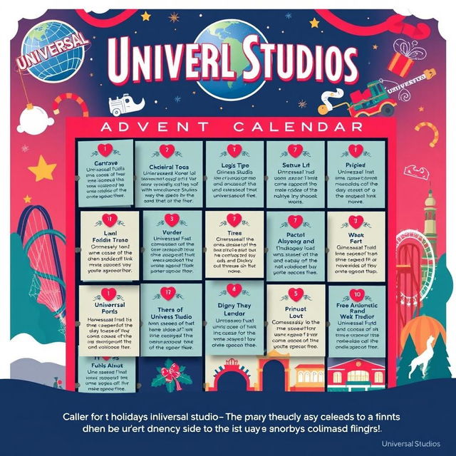 An aesthetically pleasing Instagram post featuring an advent calendar design themed around Universal Studios Theme Park