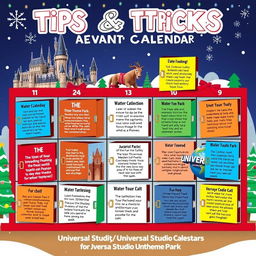 A visually appealing Instagram post depicting an advent calendar dedicated to tips and tricks for Universal Studios Theme Park