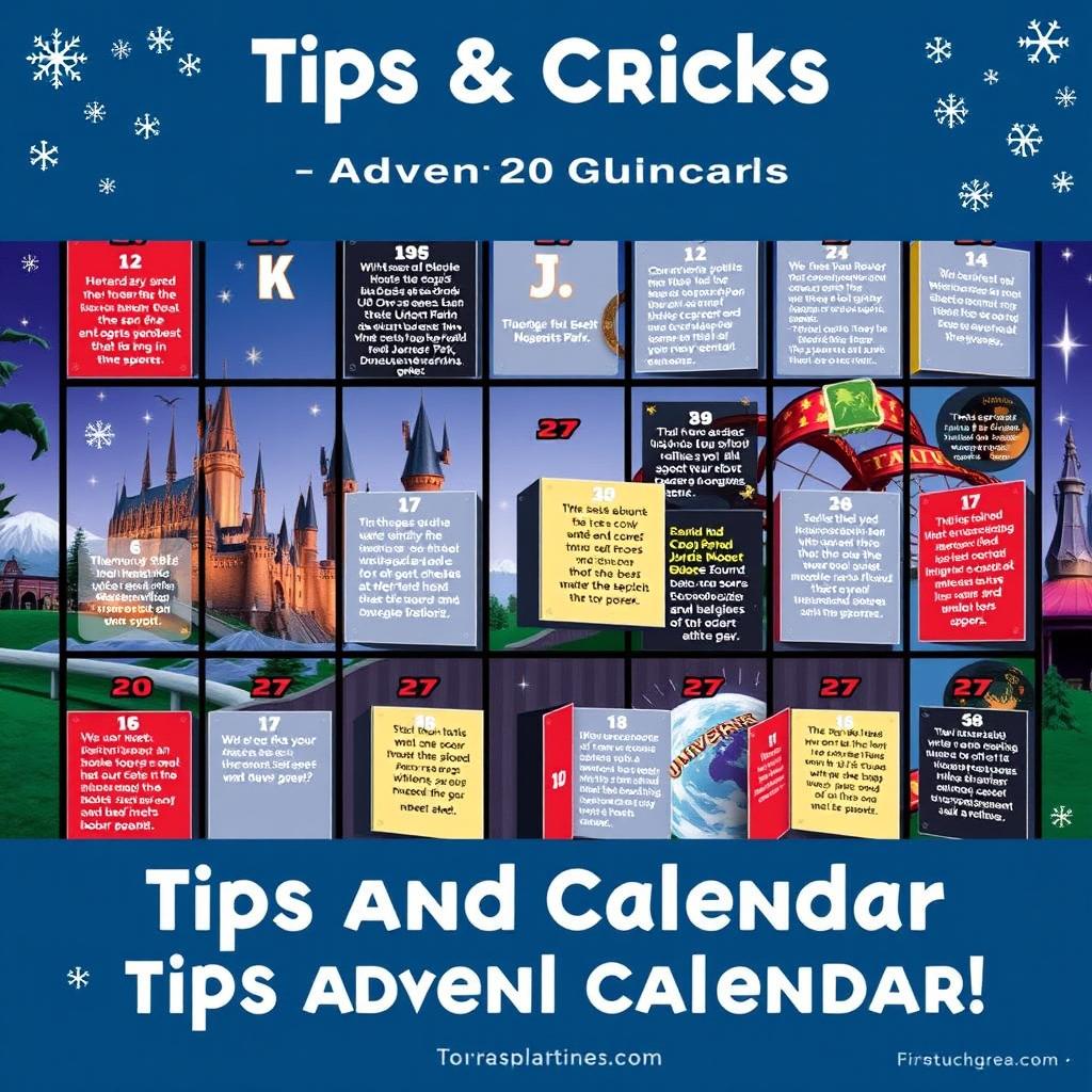 A visually appealing Instagram post depicting an advent calendar dedicated to tips and tricks for Universal Studios Theme Park