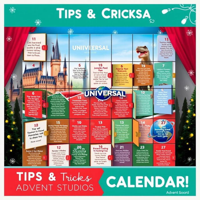 A visually appealing Instagram post depicting an advent calendar dedicated to tips and tricks for Universal Studios Theme Park