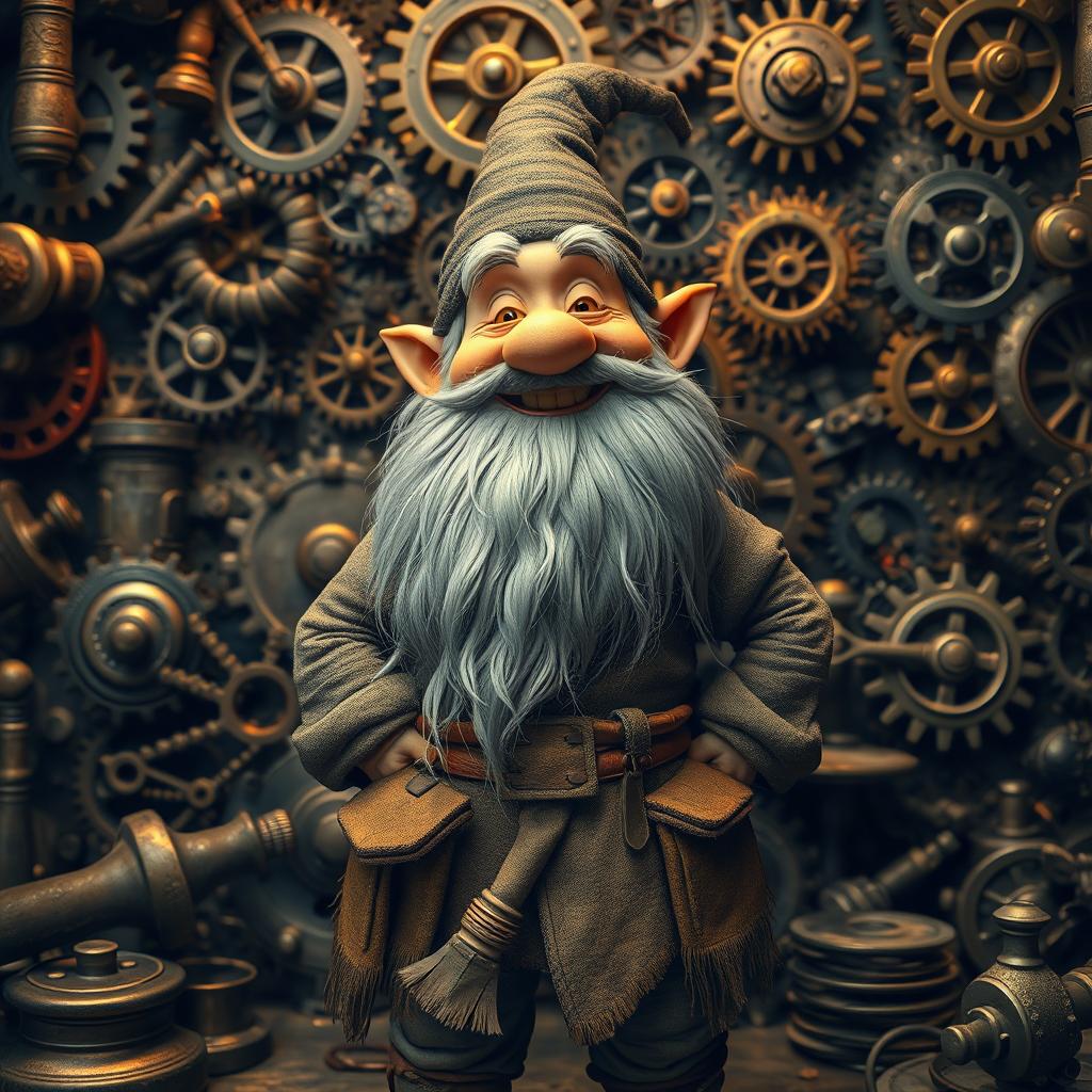 A whimsical grey dwarf with a long beard resembling whiskers, standing proudly amidst a complex backdrop filled with numerous intricate gears and antique tools