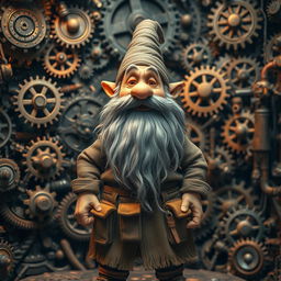 A whimsical grey dwarf with a long beard resembling whiskers, standing proudly amidst a complex backdrop filled with numerous intricate gears and antique tools