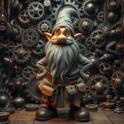 A whimsical grey dwarf with a long beard resembling whiskers, standing proudly amidst a complex backdrop filled with numerous intricate gears and antique tools