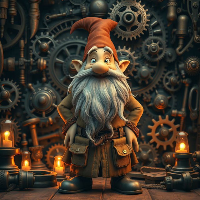 A whimsical grey dwarf with a long beard resembling whiskers, standing proudly amidst a complex backdrop filled with numerous intricate gears and antique tools