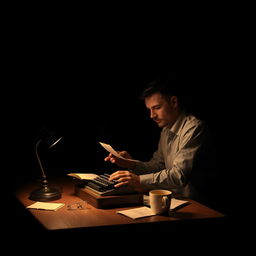 A book cover design featuring a solitary man deeply focused on writing at night