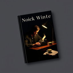 A book cover design featuring a solitary man deeply focused on writing at night