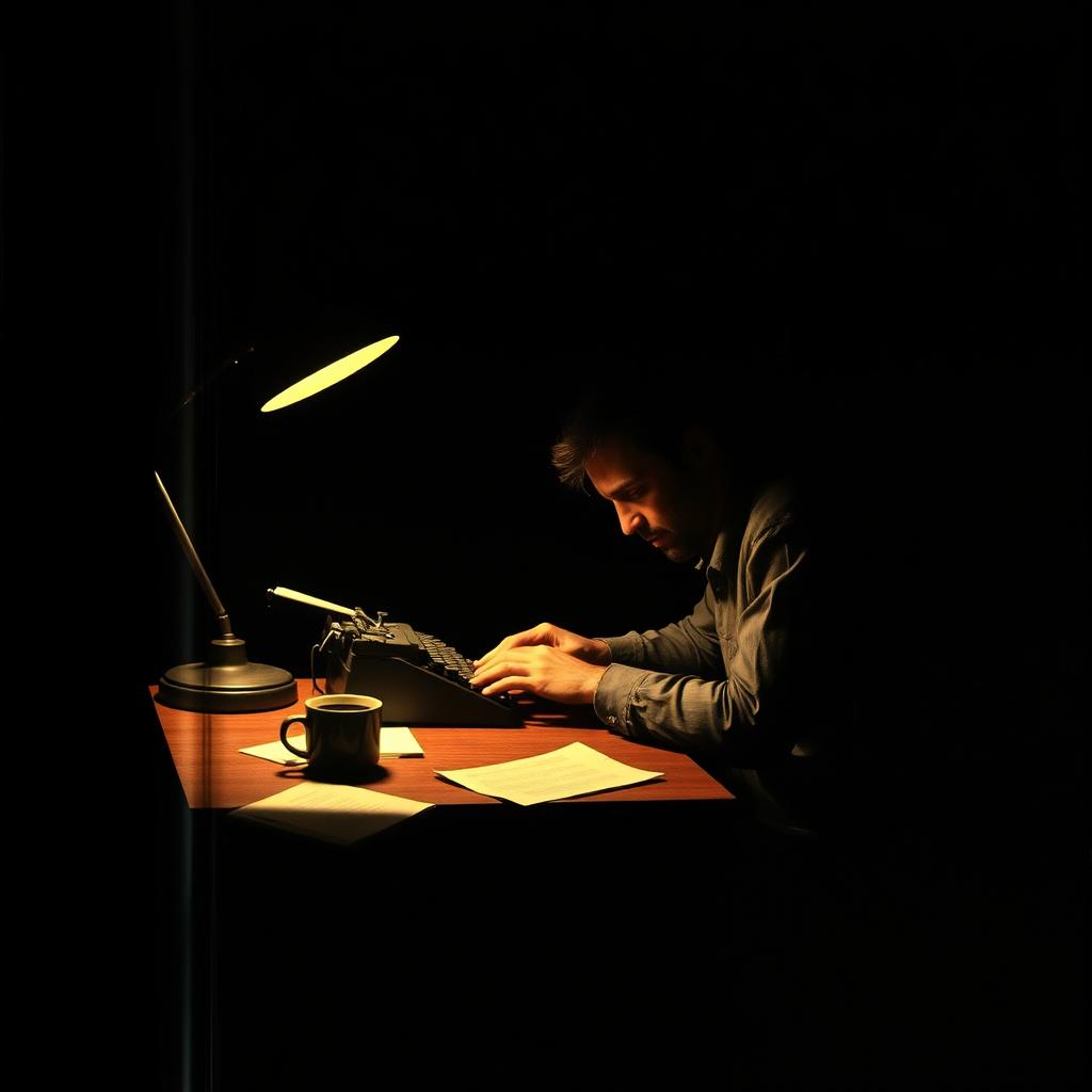 A book cover design featuring a solitary man deeply focused on writing at night