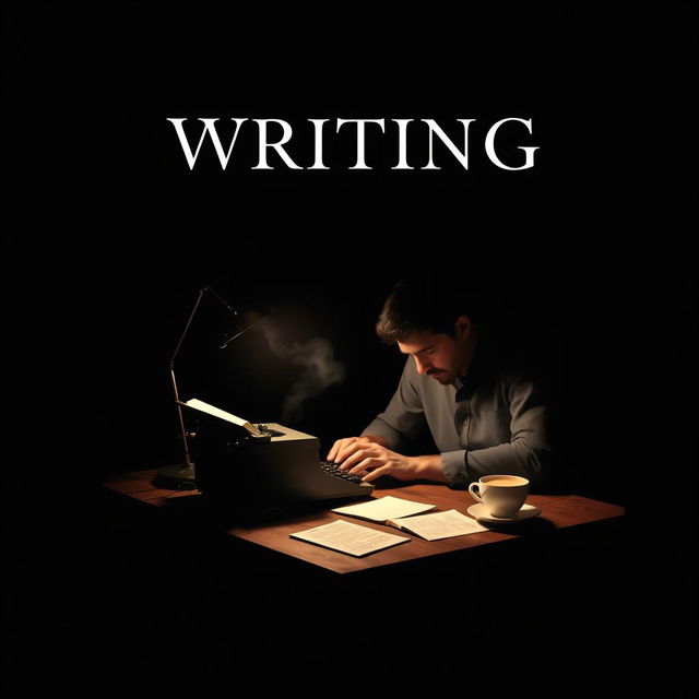 A book cover design featuring a solitary man deeply focused on writing at night