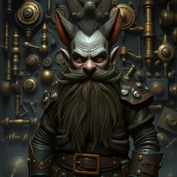 A dark dwarf character with a distinctive beard resembling whiskers, standing confidently in front of a steampunk-inspired background filled with numerous intricate gears, tools, and mechanical contraptions