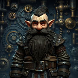 A dark dwarf character with a distinctive beard resembling whiskers, standing confidently in front of a steampunk-inspired background filled with numerous intricate gears, tools, and mechanical contraptions