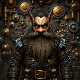 A dark dwarf character with a distinctive beard resembling whiskers, standing confidently in front of a steampunk-inspired background filled with numerous intricate gears, tools, and mechanical contraptions