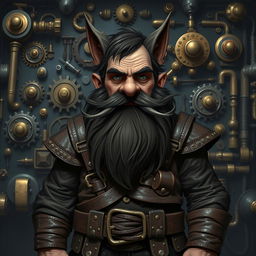 A dark dwarf character with a distinctive beard resembling whiskers, standing confidently in front of a steampunk-inspired background filled with numerous intricate gears, tools, and mechanical contraptions