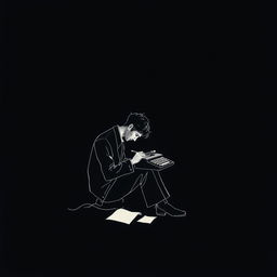 A book cover design featuring a solitary man writing at night, set against a black background that resembles the depth of the night sky