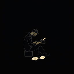 A book cover design featuring a solitary man writing at night, set against a black background that resembles the depth of the night sky