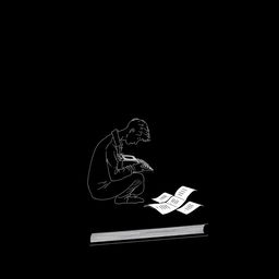 A book cover design featuring a solitary man writing at night, set against a black background that resembles the depth of the night sky