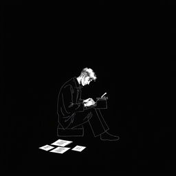 A book cover design featuring a solitary man writing at night, set against a black background that resembles the depth of the night sky
