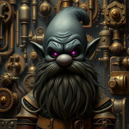 A dark-skinned dwarf character with a unique beard resembling whiskers, featuring glowing purple eyes