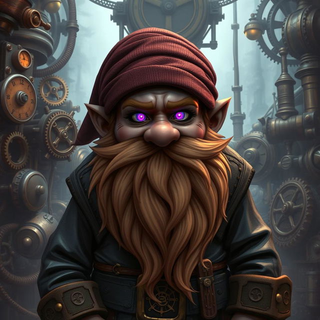 A dark-skinned dwarf character with a unique beard resembling whiskers, featuring glowing purple eyes