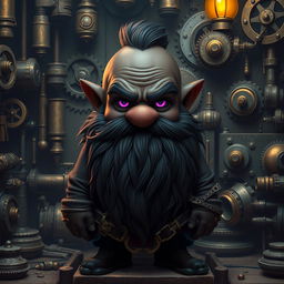 A dark-skinned dwarf character with a unique beard resembling whiskers, featuring glowing purple eyes