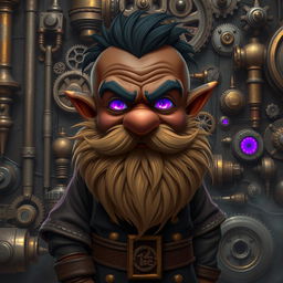 A dark-skinned dwarf character with a unique beard resembling whiskers, featuring glowing purple eyes