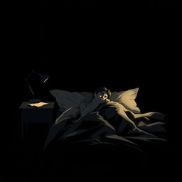 A book cover design featuring a solitary man lying in bed, writing during the night