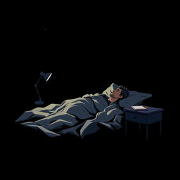 A book cover design featuring a solitary man lying in bed, writing during the night