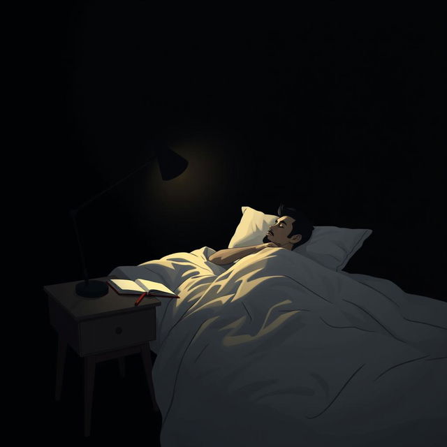 A book cover design featuring a solitary man lying in bed, writing during the night