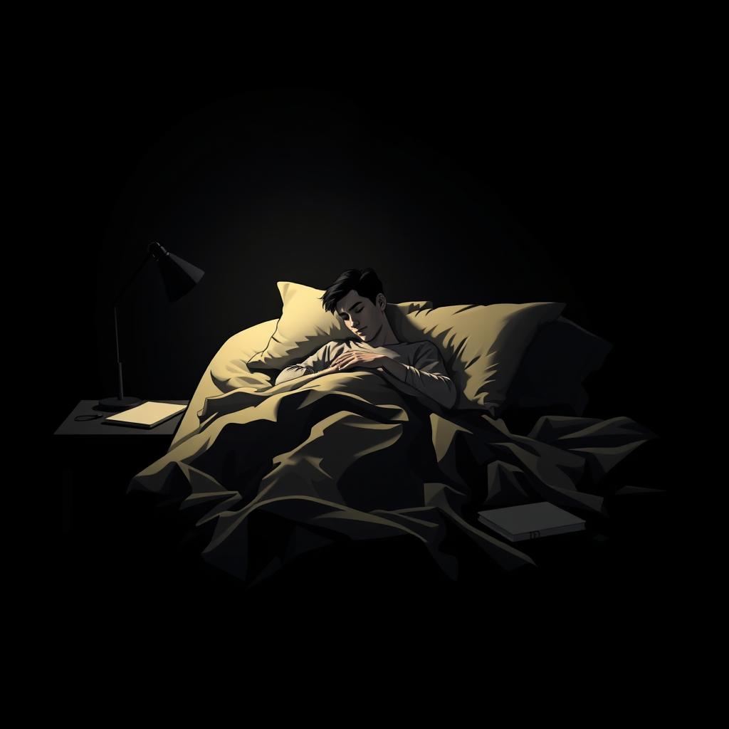 A book cover design featuring a solitary man lying in bed, writing during the night